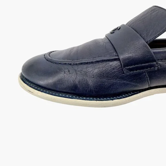 Chanel Navy Blue Leather Loafers Size 38.5 US 7.5-8 Women's CC Logo Flats - Picture 12 of 16